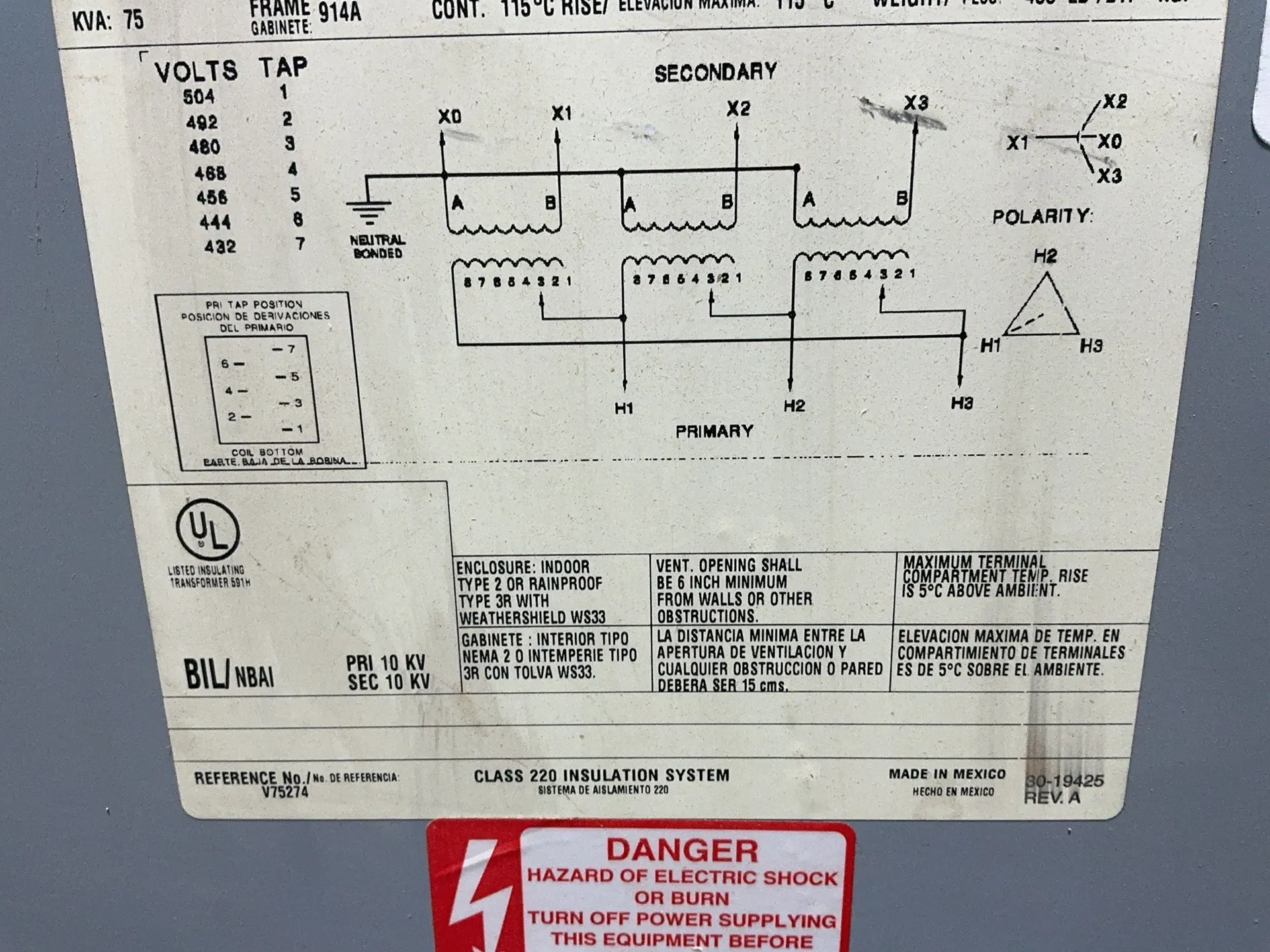 75 KVA 480 Primary, 182Y/105 Secondary, Cutler-Hammer V48M82F75A, dry type distribution transformer, indoor - Image 6