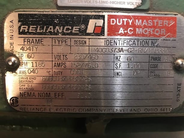 60 HP 1185 RPM Reliance, Frame 404TY, ODP, C-flange, surplus, 230/460 Volts - Image 2