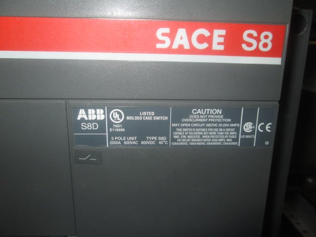 2000 Amps, ABB, S8D, SACE S8,3P, 600 Volts, manually operated, part 122154052-001, Nema 1, used - Image 3