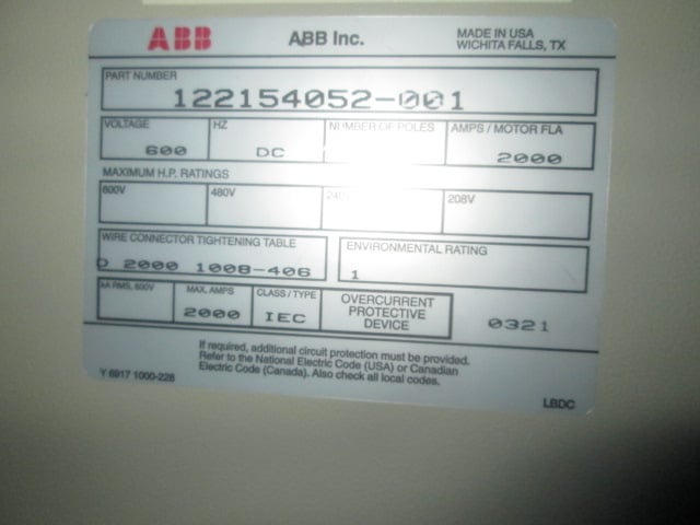 2000 Amps, ABB, S8D, SACE S8,3P, 600 Volts, manually operated, part 122154052-001, Nema 1, used - Image 4