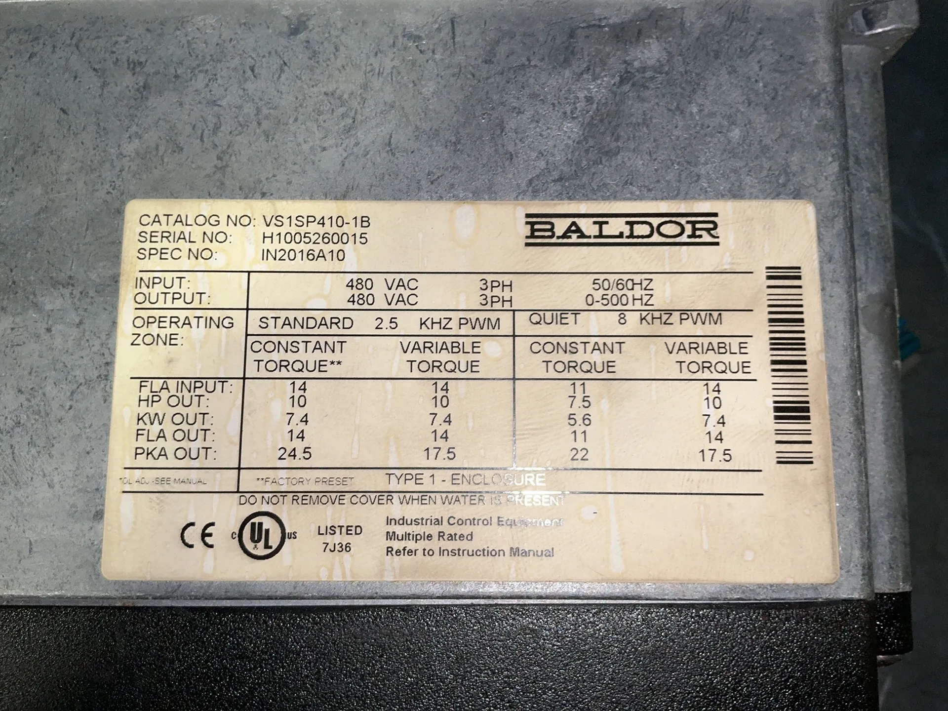 10 HP Baldor #VS1SP410-1B, H2 Inverter, 14 Amps, 3 phase, 50/60 Hz, 480 Volts (2 available) - Image 5