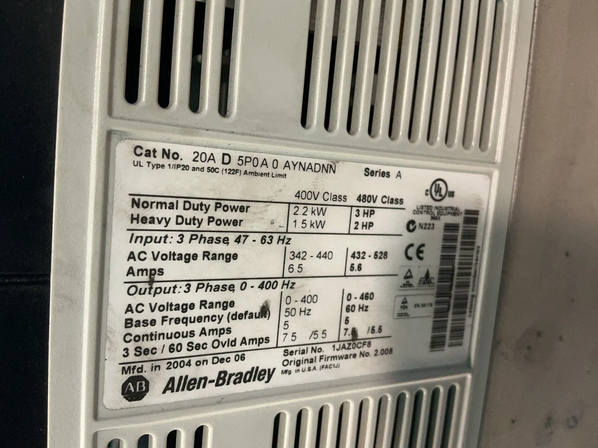 3/2 HP Allen-Bradley #20AD5P0A0AYNADNN, powerflex 70 variable frequency dri, Series A, 5.6 Amps, 3 phase - Image 4