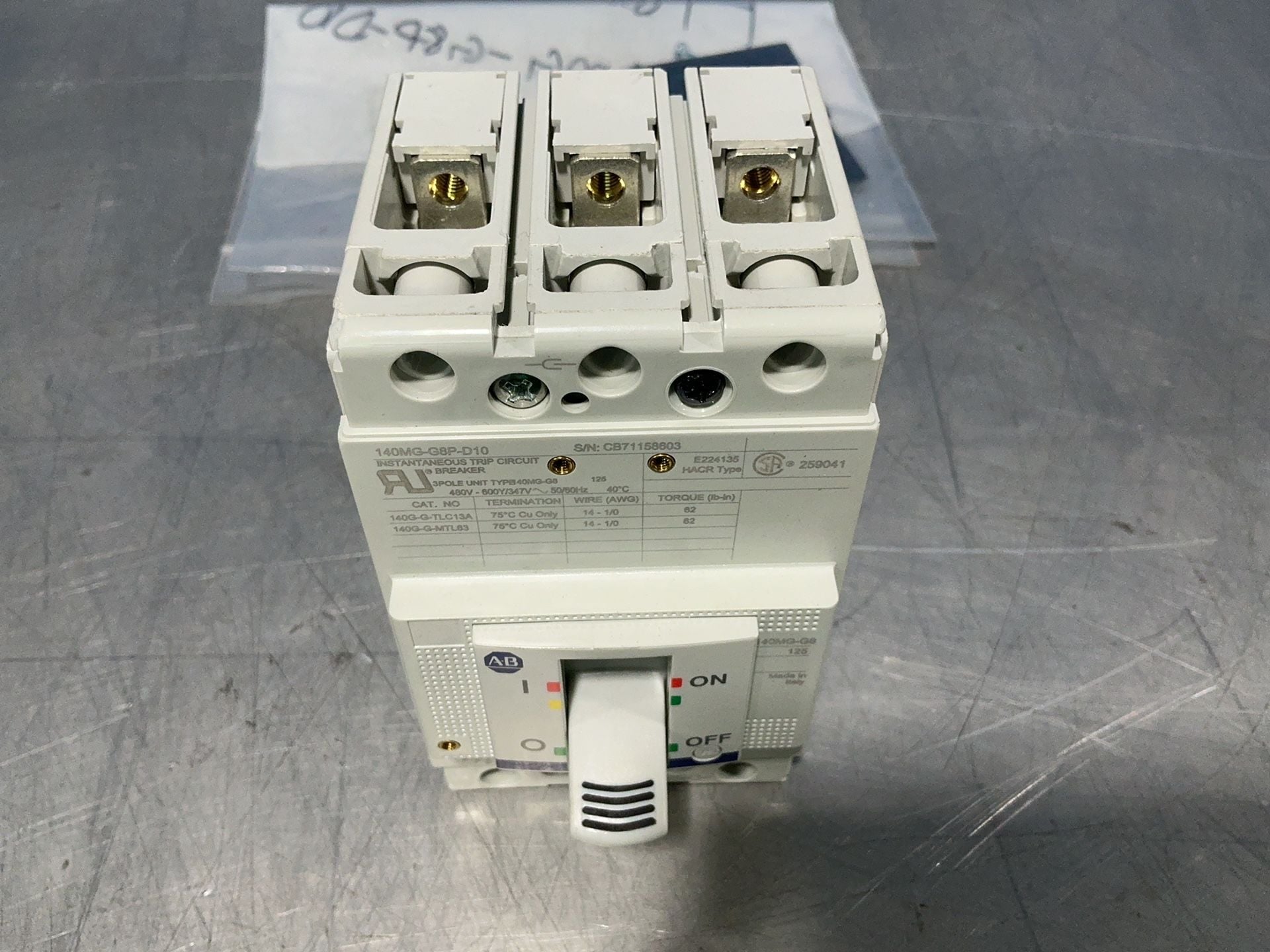 125 Amps, Allen-Bradley #140MG-G8P-D10, Instantaneous Trip Circuit Breaker - Image 3