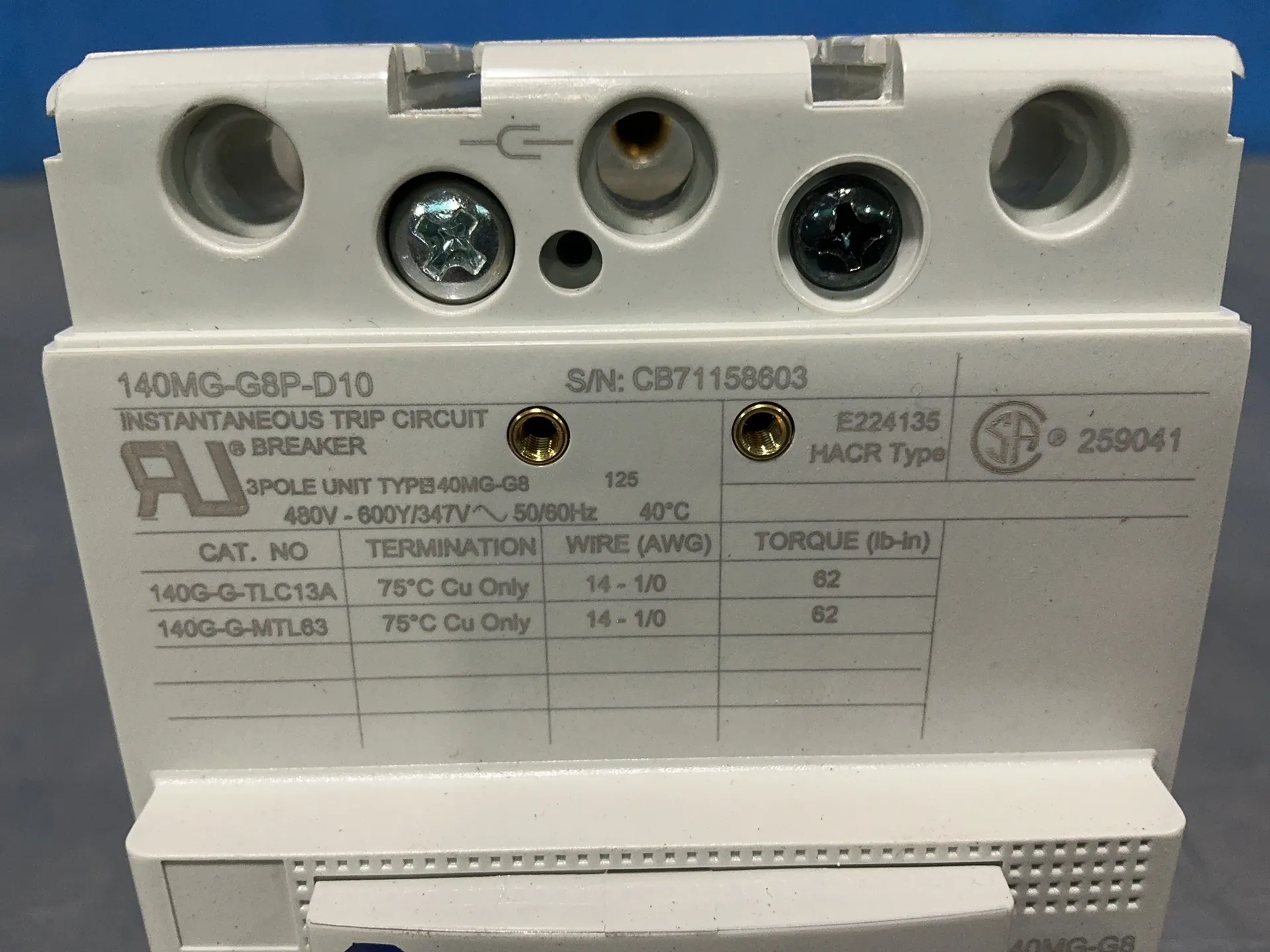 125 Amps, Allen-Bradley #140MG-G8P-D10, Instantaneous Trip Circuit Breaker - Image 4