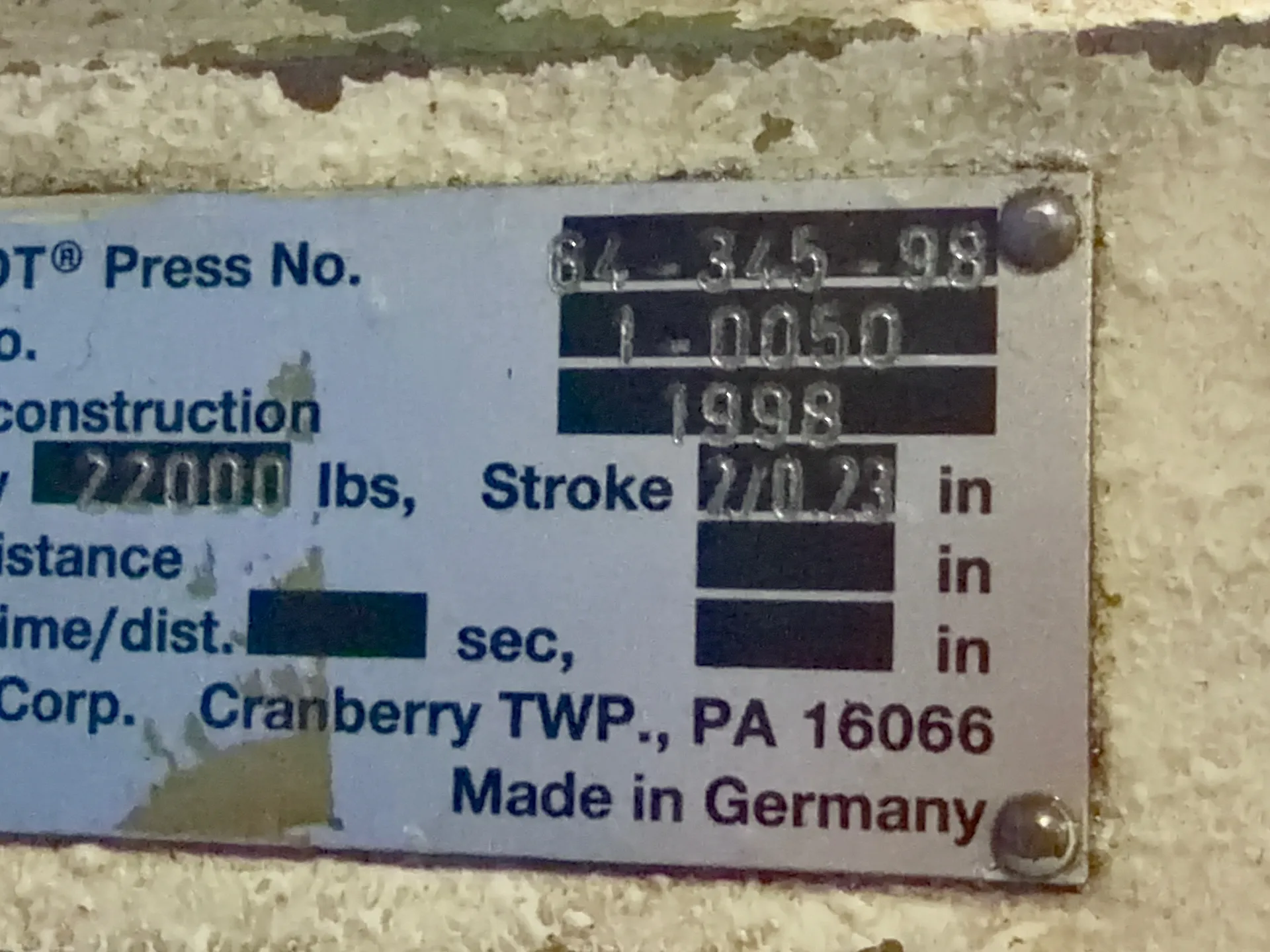 Schmidt #84-345-98, Press, 22000 lb. capacity, 11" x 15" bed, 1998 - Image 5