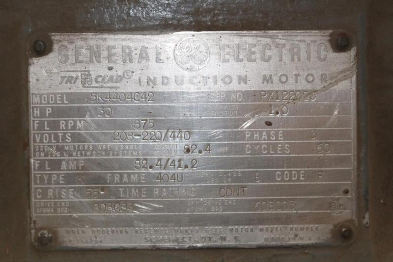 30 HP 875 RPM General Electric Tri-Clad, Frame 404U, TEFC, 208/220/440 Volts - Image 2