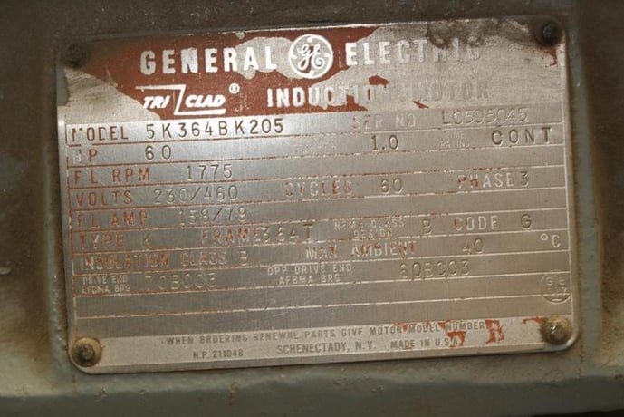 60 HP 1775 RPM General Electric Tri-Clad, Frame 364T, TEFC, 230/460 Volts - Image 2