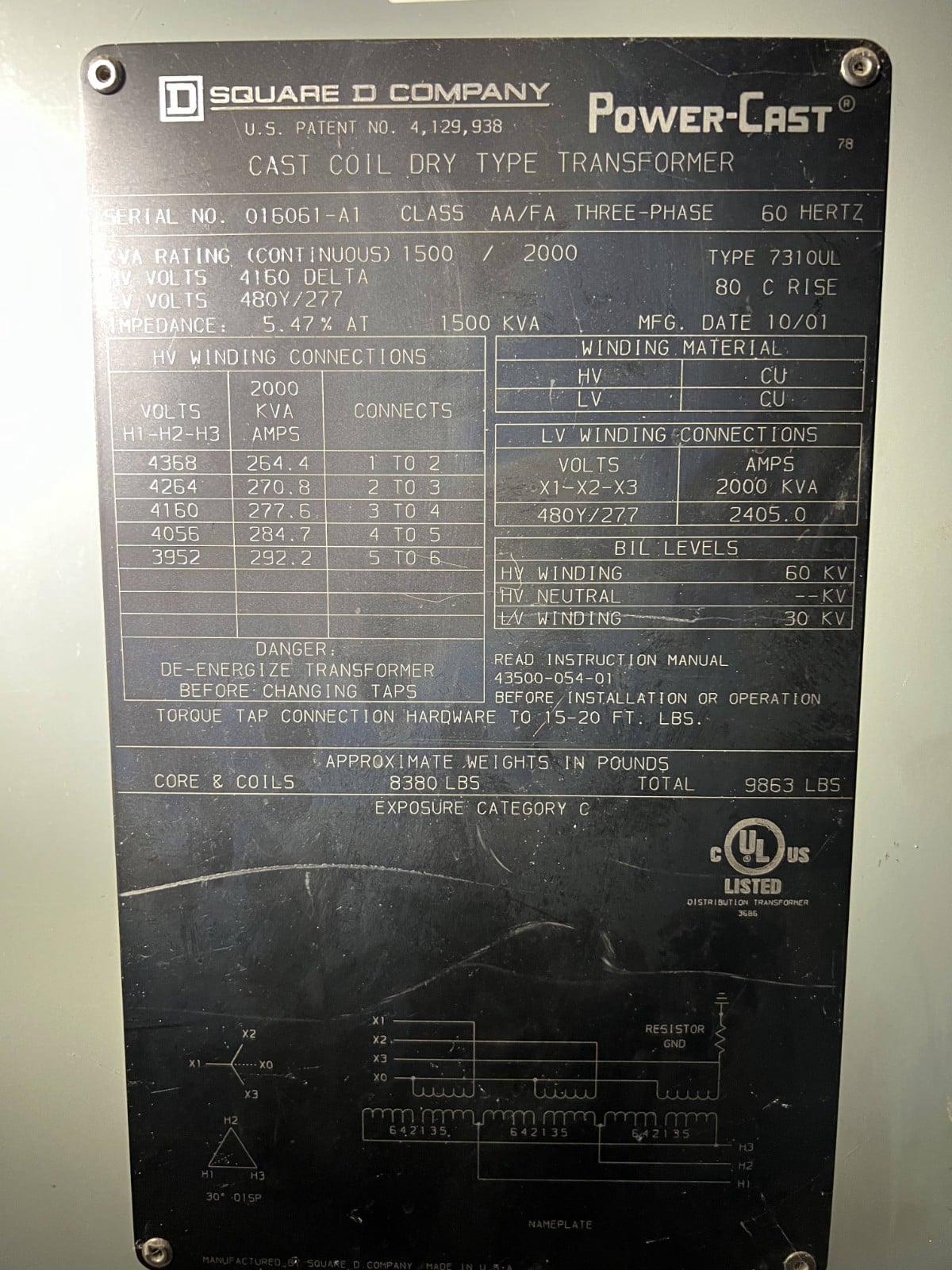 1500/2000 KVA 4160 Delta Primary, 480Y/277 Secondary, Square D Power-Cast, Type 7310UL, Cast Coil Dry Type - Image 2