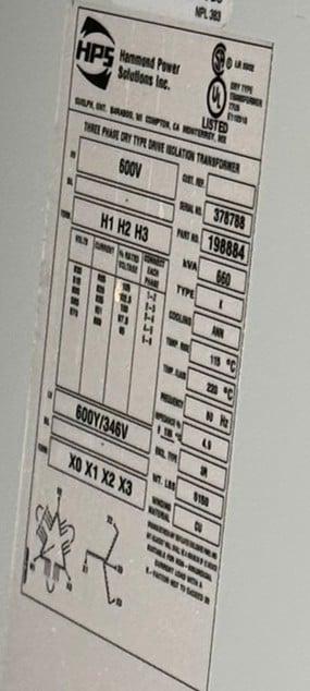 660 KVA 600 Primary, 600Y/346 Secondary, Hammond Power Solutions #198884, Transformer, Copper Windings - Image 5