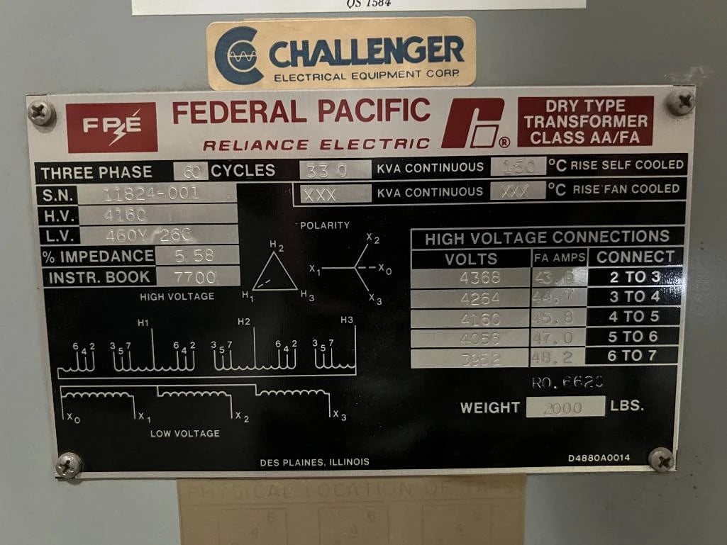 330 KVA 4160 Primary, 480 Secondary, Federal Pacific, Dry Type Transformer, 4160/460Y - Image 2