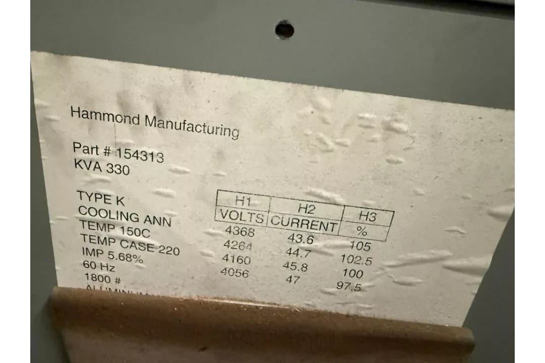 330 KVA 4160 Primary, 480 Secondary, Hammond, Dry Type Transformer, Step-Down, 3 Phase - Image 5