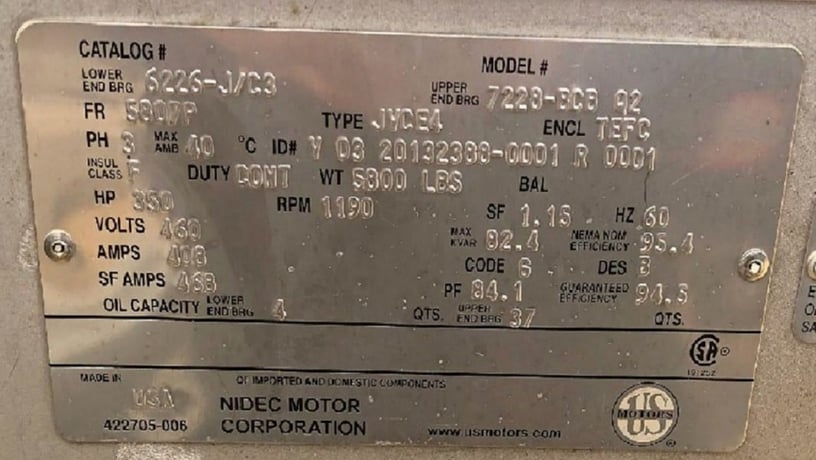 350 HP 1200 RPM U.S. Motors, Frame 5807P, TEFC, Corro duty, JVCE-4, VSS, vertical solid shaft, new surp, 460V. - Image 1
