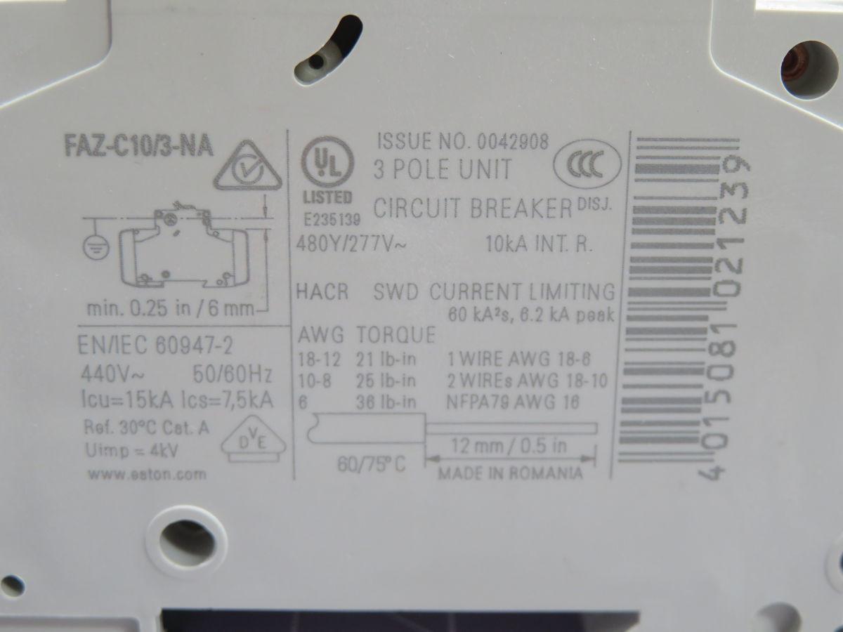 10 Amp, Eaton #FAZ-C10/3-NA, circuit breaker, 3 Pole, C curve, thermal magnetic, 10 KA, DIN rail, 480Y/277 - Image 4