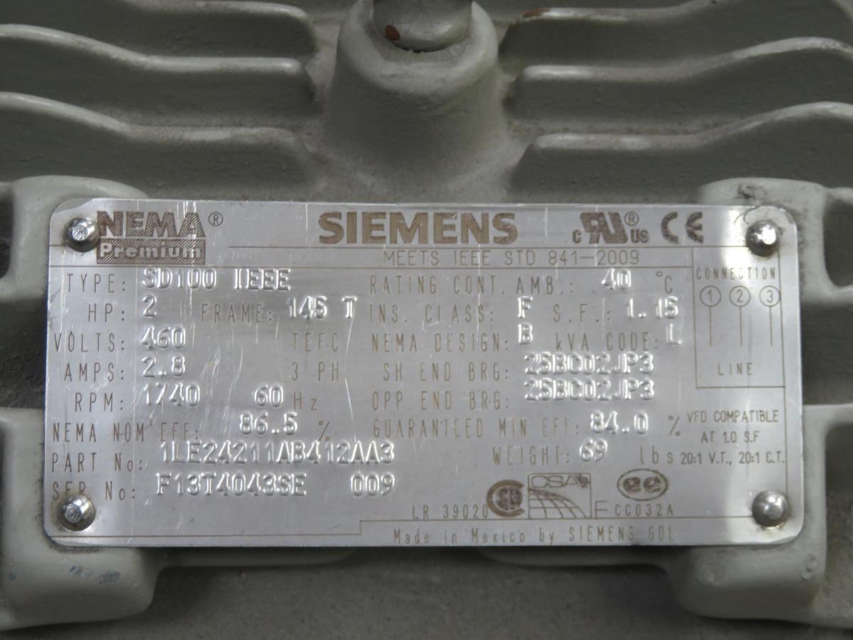 2 HP 1740 RPM Siemens #1LE24211AB412AA3, Frame 145T, TEFC, SD100 IEEE motor, design B, 2.8 Amp, 3 phase, 60 - Image 1