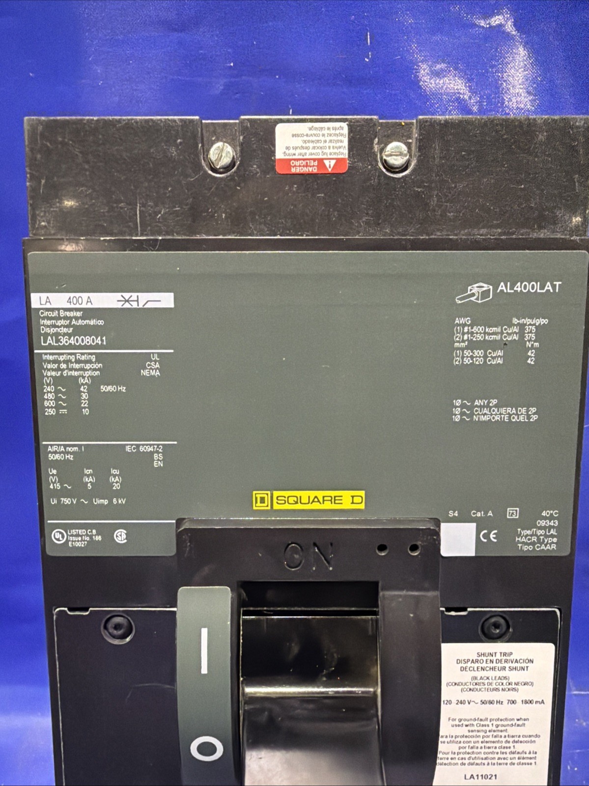 400 Amps, Square D #LAL364008041, LAL molded case circuit breaker, 600 Volts, 3 Pole, 22kA - Image 1