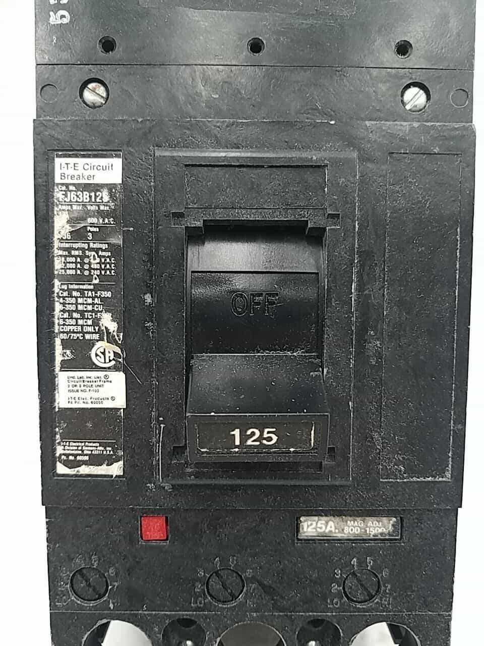 125 Amps, ITE #FJ63B125, Circuit Breaker, 3-Pole, 600 Volts, Bolt-On - Image 2