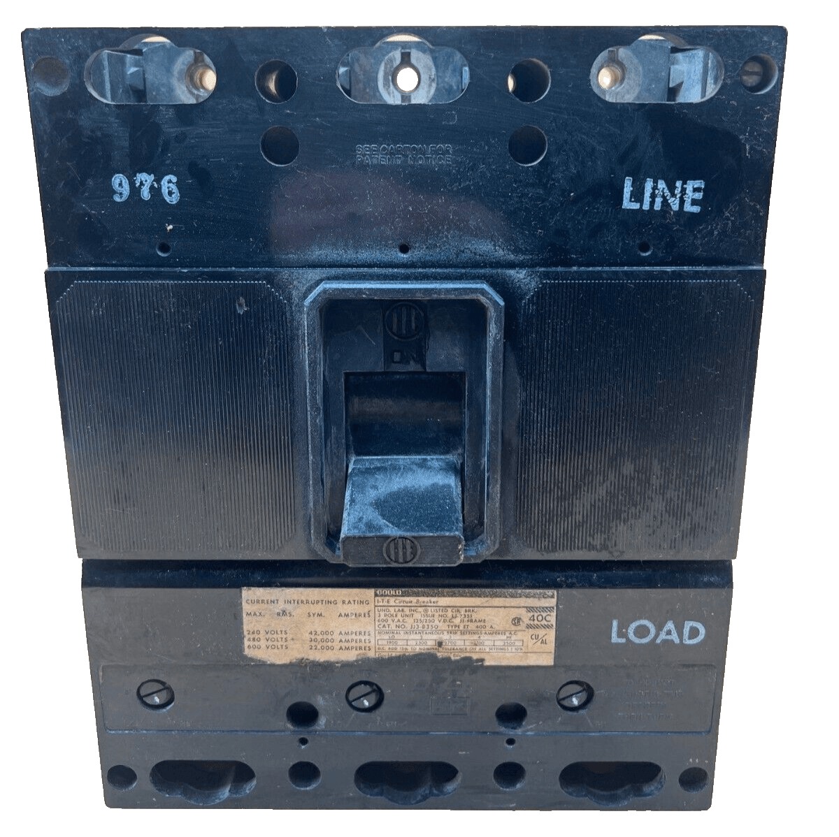 400 Amps, ITE #JJ3-B350, Circuit Breaker, 3-Pole, 600 Volts, Lug to Lug - Image 1