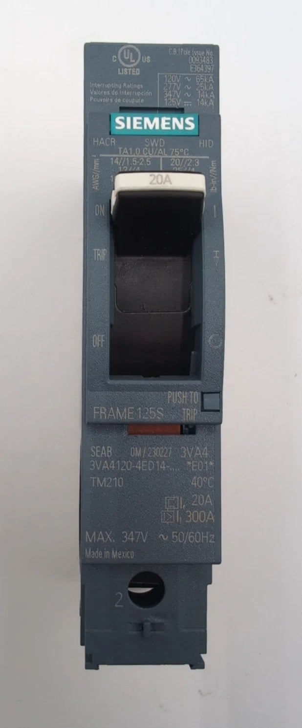 20 Amps, Siemens #3VA4120-4ED14-0AA0, Circuit Breaker, 1-Pole, 480 Volts, Bolt-On, NEW - Image 2