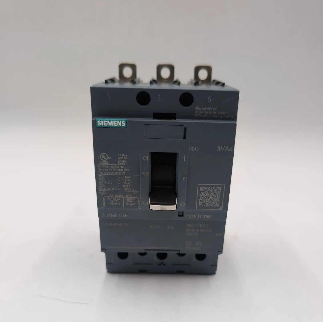 40 Amps, Siemens #3VA4140-6ED34-0AA0, Circuit Breaker, 3-Pole, 480 Volts, Bolt-On, NEW - Image 2