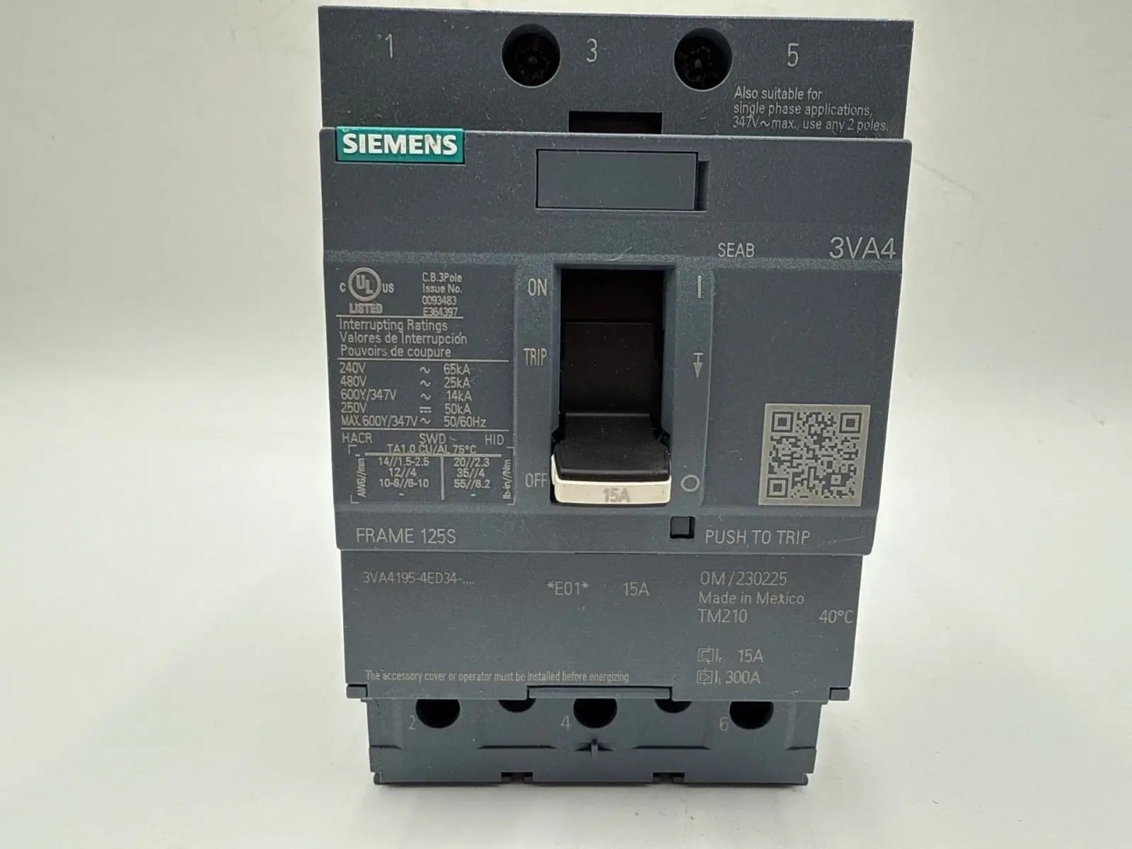 15 Amps, Siemens #3VA4195-4ED34-0AA0, Circuit Breaker, 3-Pole, 600 Volts, NEW - Image 2