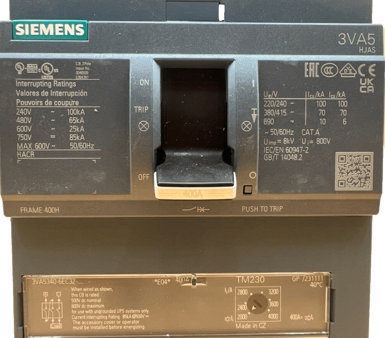 400 Amps, Siemens #3VA5340-6EC32-0AA0, Circuit Breaker, 3-Pole, 600 Volts, Bolt-On, NEW - Image 3