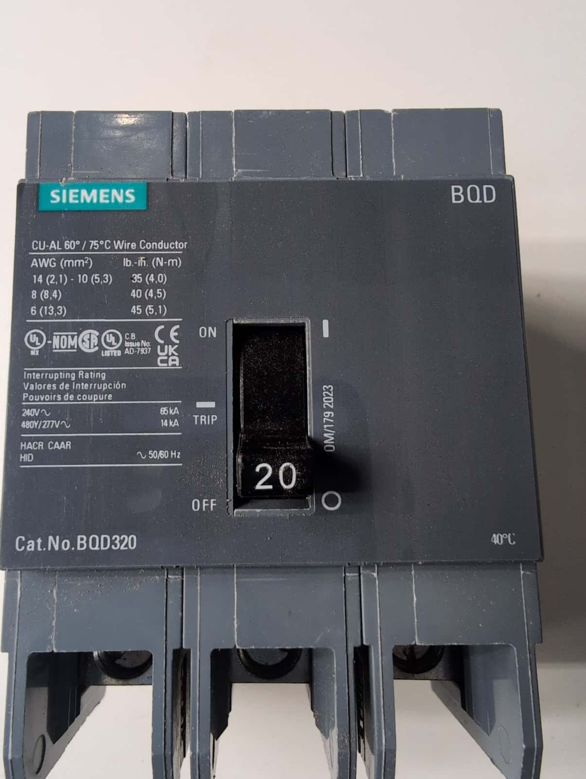 20 Amps, Siemens #BQD320, Circuit Breaker, 3-Pole, 240 Volts - Image 1