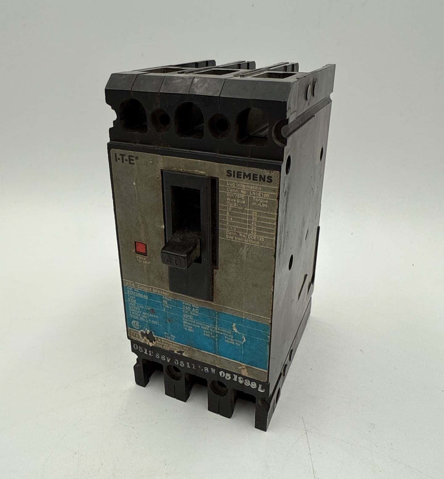 40 Amps, Siemens #ED23B040, Circuit Breaker, 3-Pole, 240 Volts - Image 1