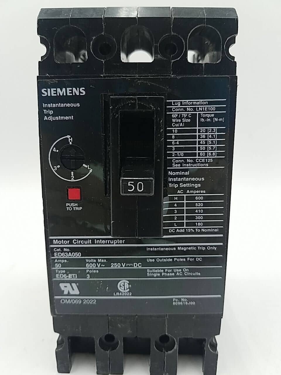 50 Amps, Siemens #ED63A050, Circuit Breaker, 3-Pole, 600 Volts, Bolt-On, NEW - Image 1
