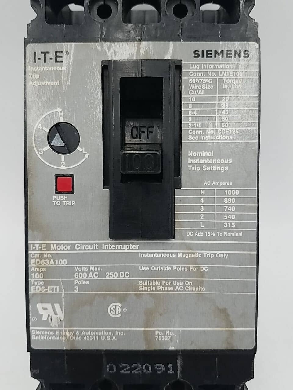 100 Amps, Siemens #ED63A100, Circuit Breaker, 3-Pole, 600 Volts, Bolt-On - Image 2