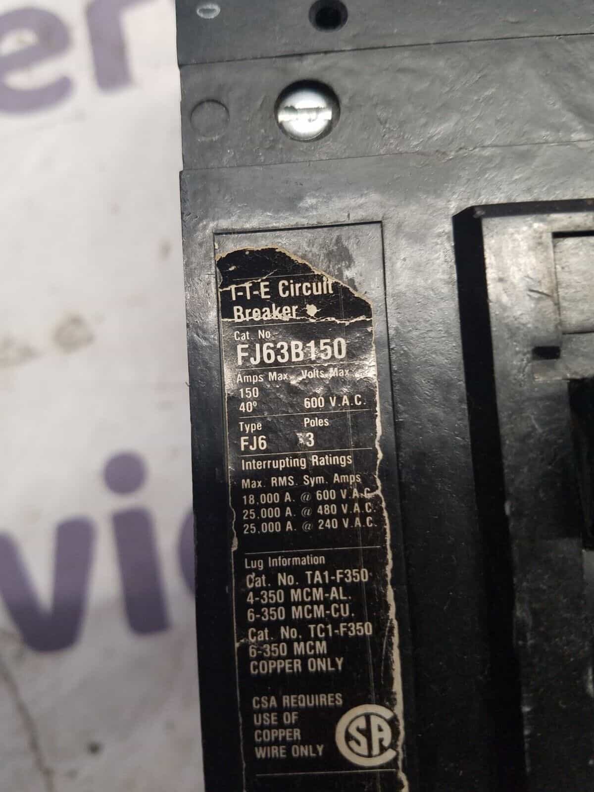 150 Amps, Siemens #FJ63B150, Circuit Breaker, 3-Pole, 600 Volts, Bolt-On - Image 3