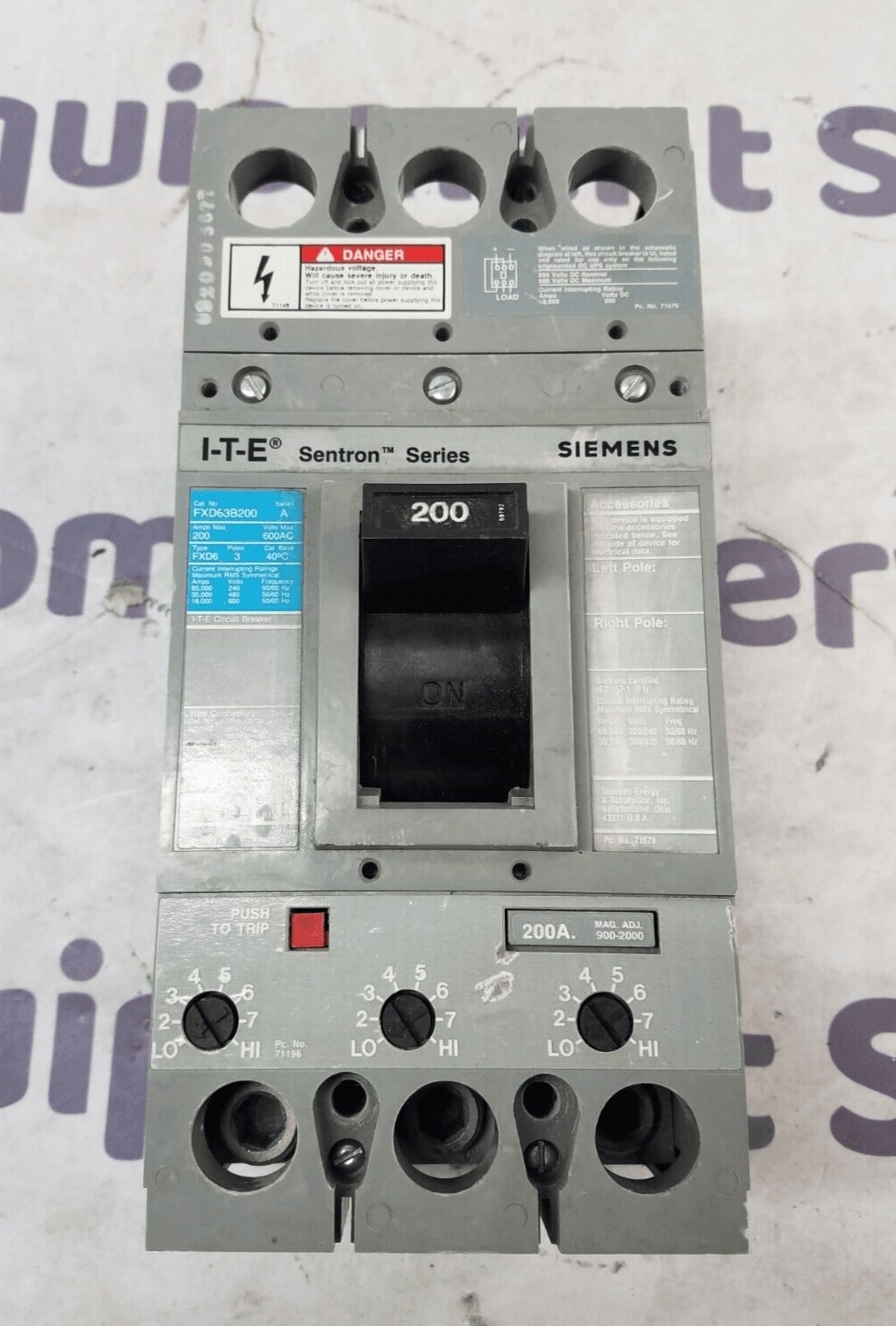 200 Amps, Siemens #FXD63B200, Circuit Breaker, 3-Pole, 600 Volts, Bolt-On - Image 1