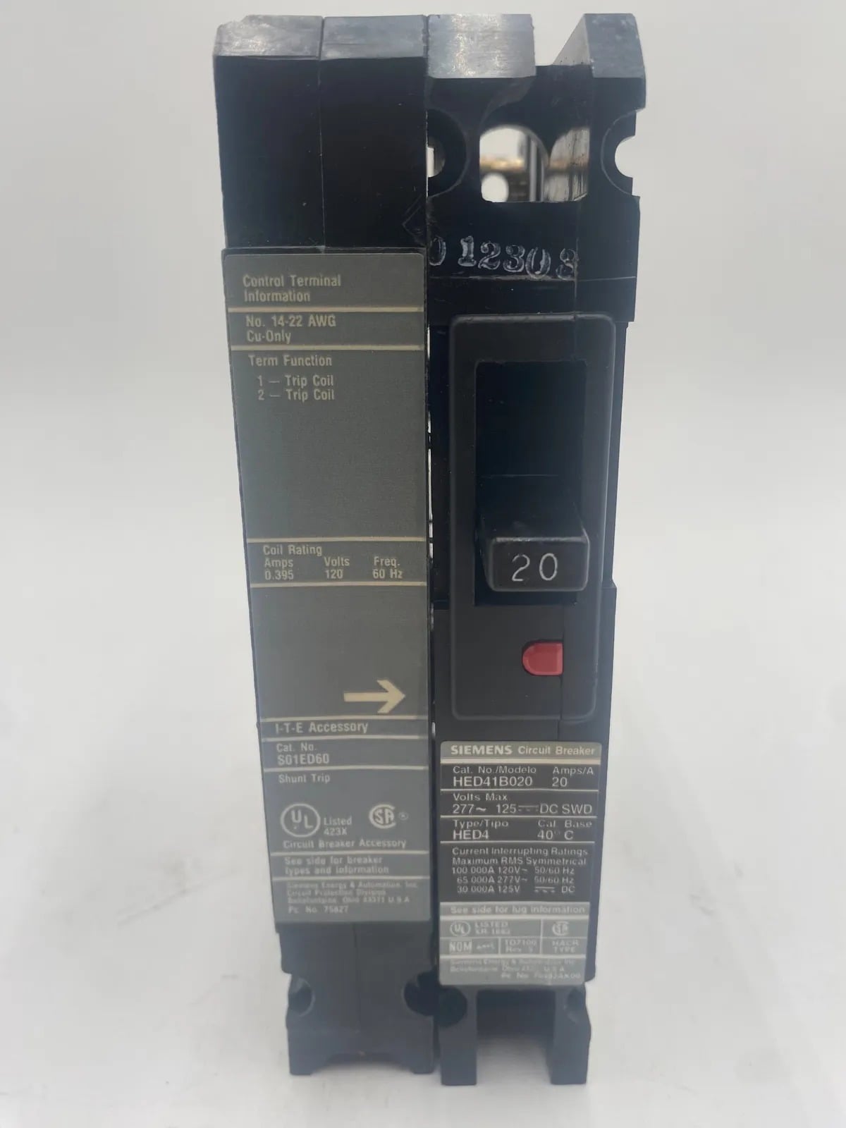 20 Amps, Siemens #HED41B020, Circuit Breaker, 3-Pole, 277 Volts, Shunt Trip - Image 1