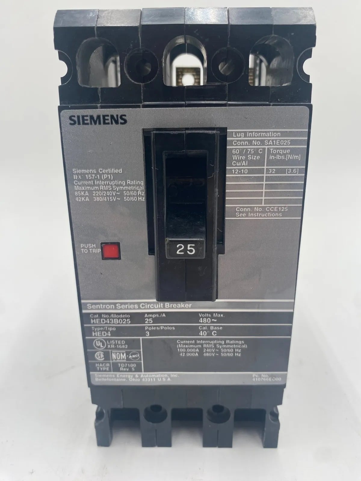 25 Amps, Siemens #HED43B025, Circuit Breaker, 3-Pole, 480 Volts - Image 1