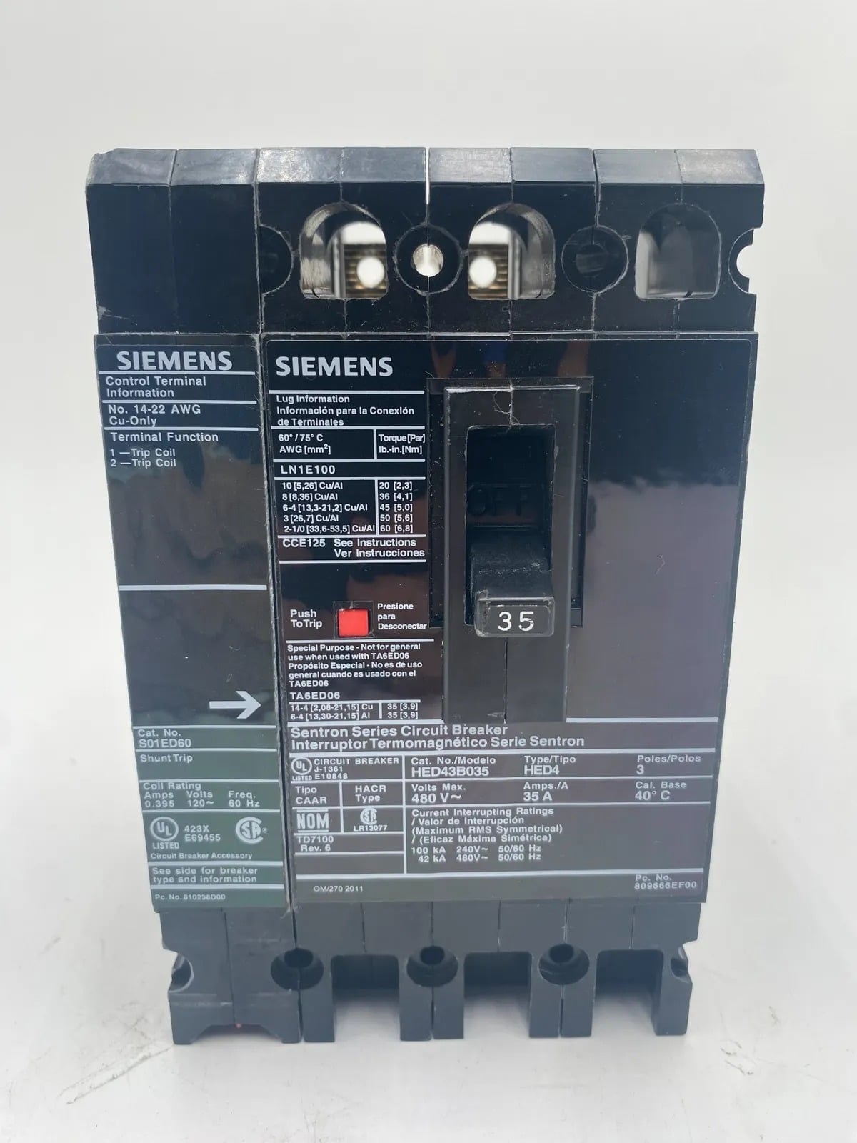 35 Amps, Siemens #HED43B035, Circuit Breaker, 3-Pole, 480 Volts - Image 1