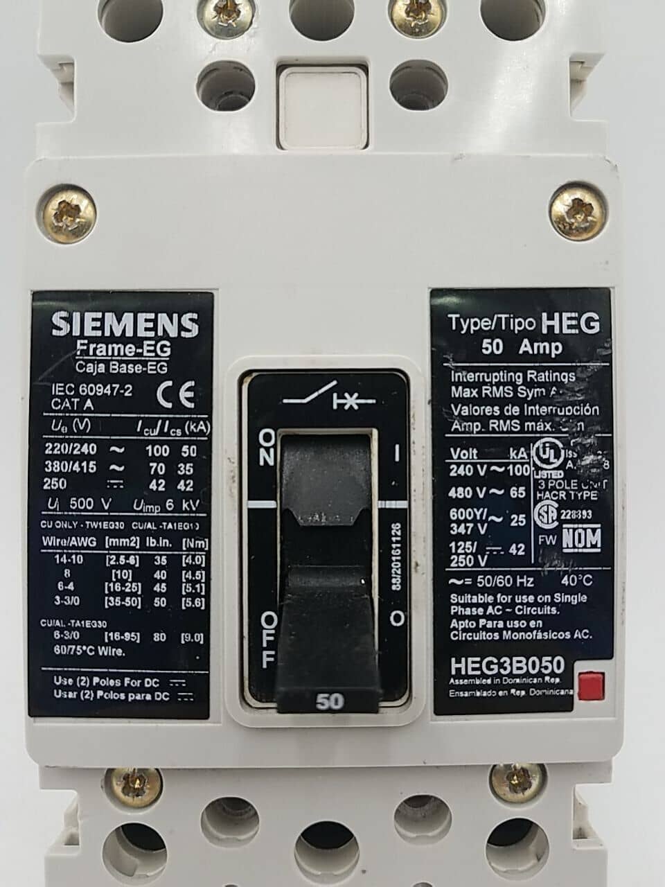 50 Amps, Siemens #HEG3B050, Circuit Breaker, 3-Pole, 500 Volts, Bolt-On - Image 2