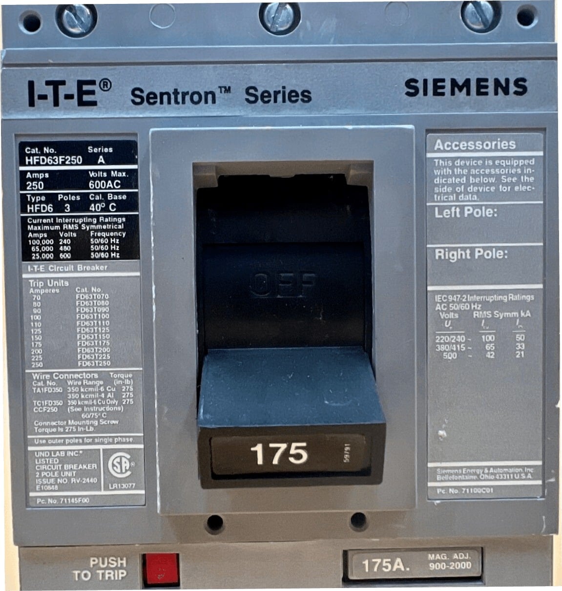 175 Amps, Siemens #HFD63F250, Circuit Breaker, 3-Pole, 600 Volts, Bolt-On - Image 2