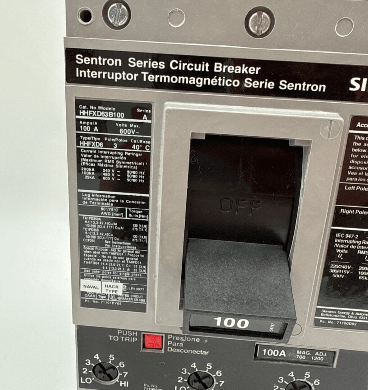 100 Amps, Siemens #HHFXD63B100, Circuit Breaker, 3-Pole, 600 Volts, NEW - Image 2
