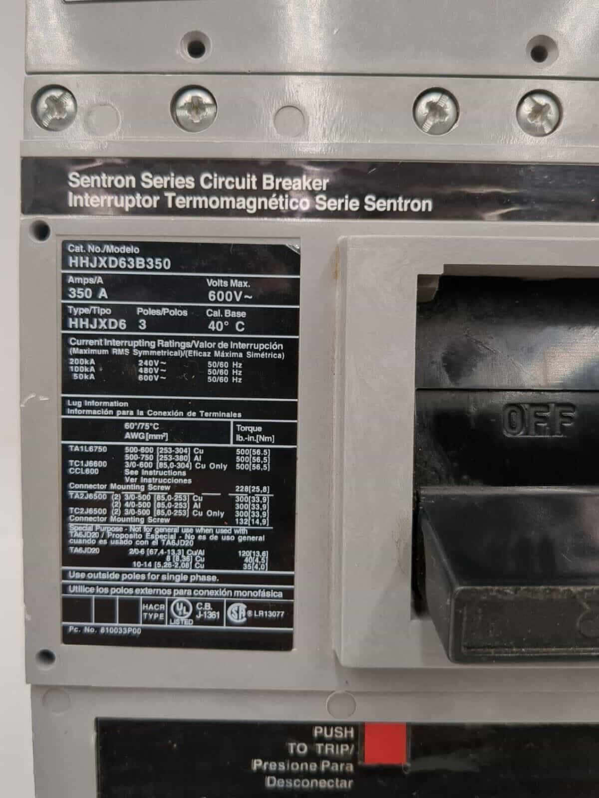 350 Amps, Siemens #HHJXD63B350, Circuit Breaker, 3-Pole, 600 Volts, Bolt-On - Image 2