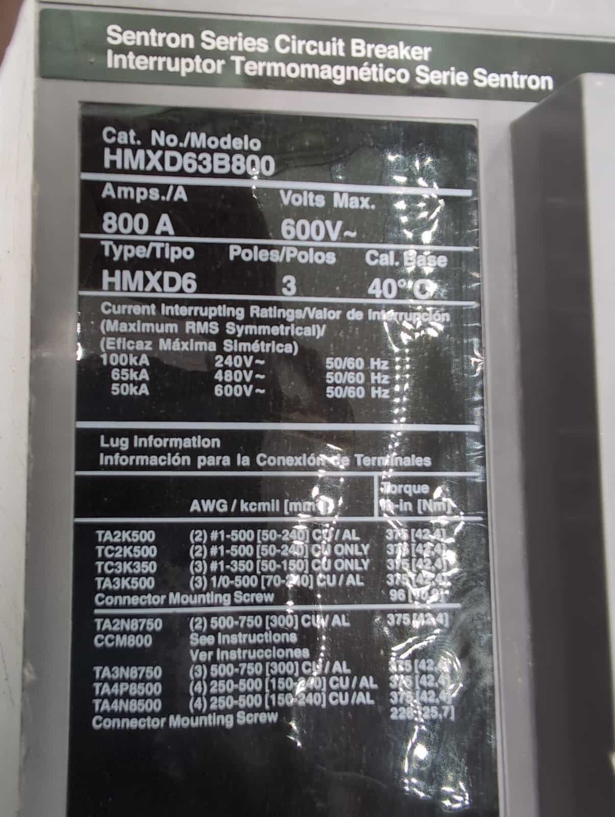 800 Amps, Siemens #HMXD63B800, Sentron Circuit Breaker, 3-Pole, 600 Volts, 65kA - Image 6