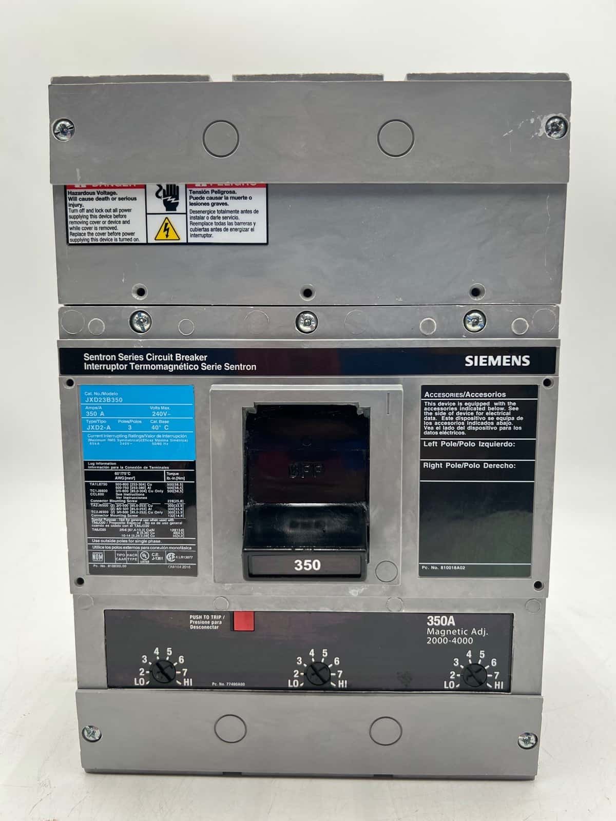 300 Amps, Siemens #JXD23B350, Circuit Breaker, 3-Pole, 240 Volts - Image 1