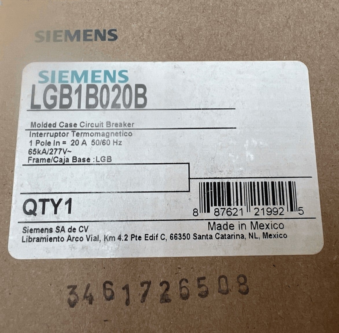 20 Amps, Siemens #LGB1B020B, Circuit Breaker, 1-Pole, 277 Volts, Bolt-On, NEW - Image 2