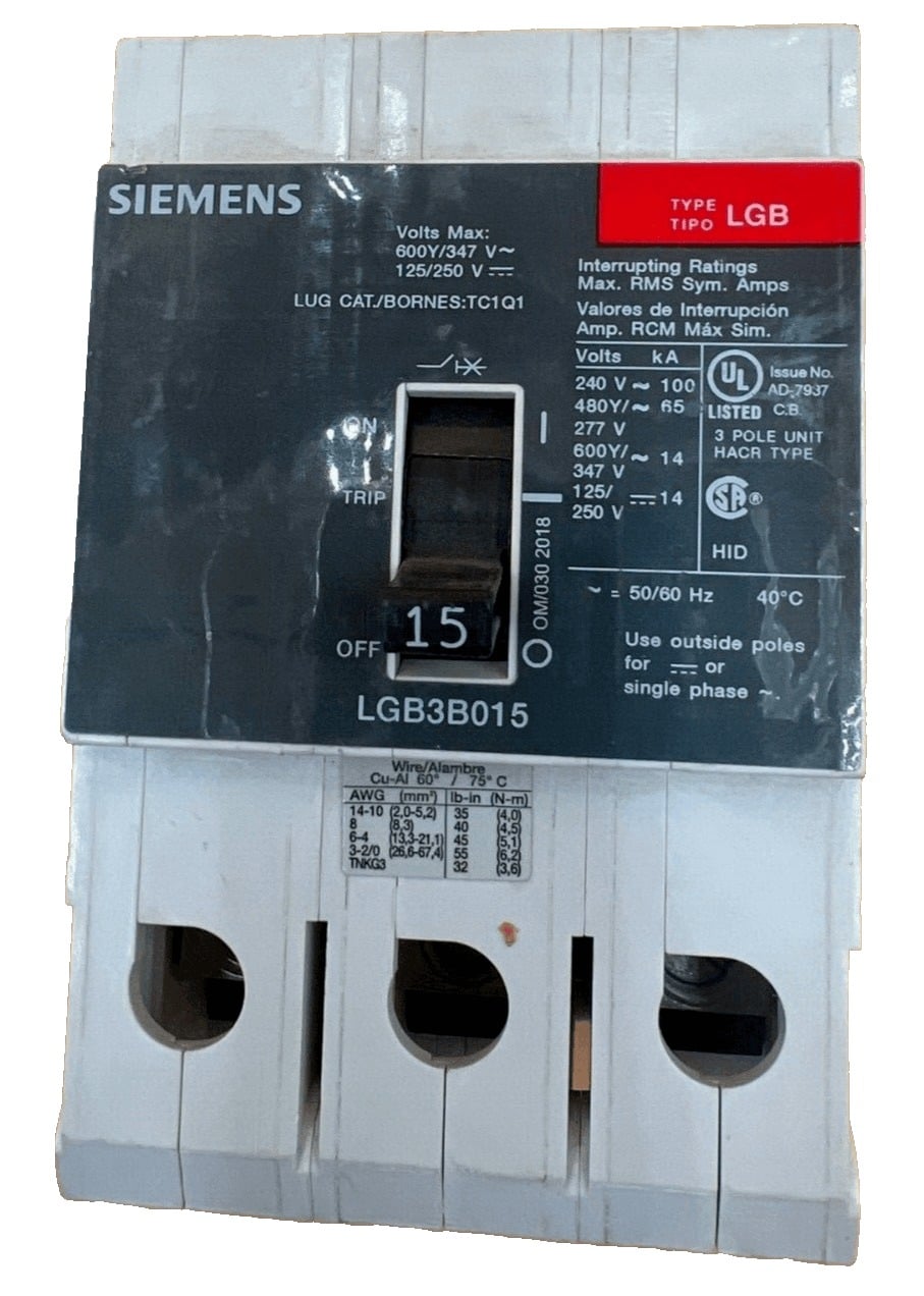 15 Amps, Siemens #LGB3B015, Circuit Breaker, 3-Pole, 480 Volts, Bolt-On - Image 1