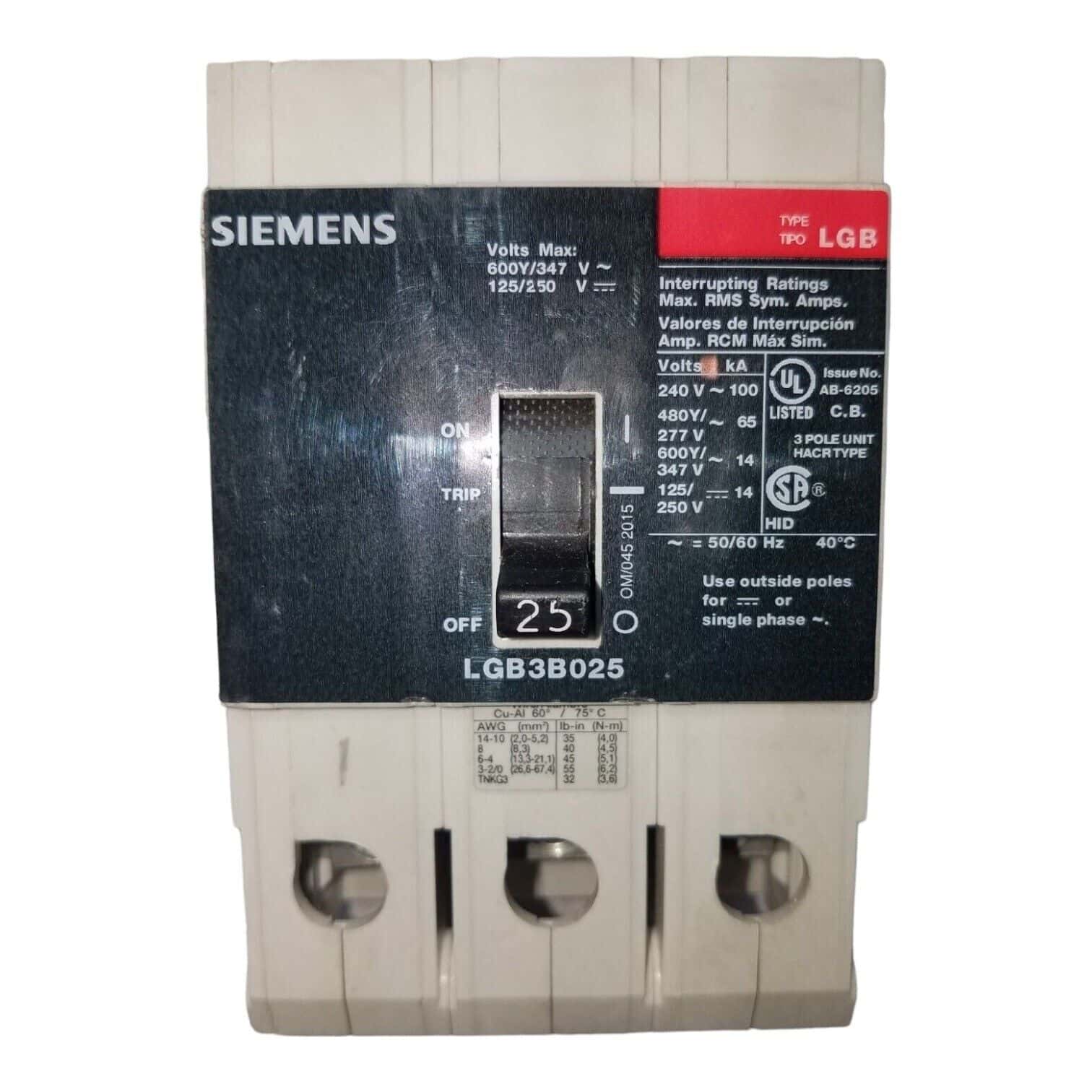 25 Amps, Siemens #LGB3B025, Circuit Breaker, 3-Pole, 600 Volts, Bolt-On - Image 1
