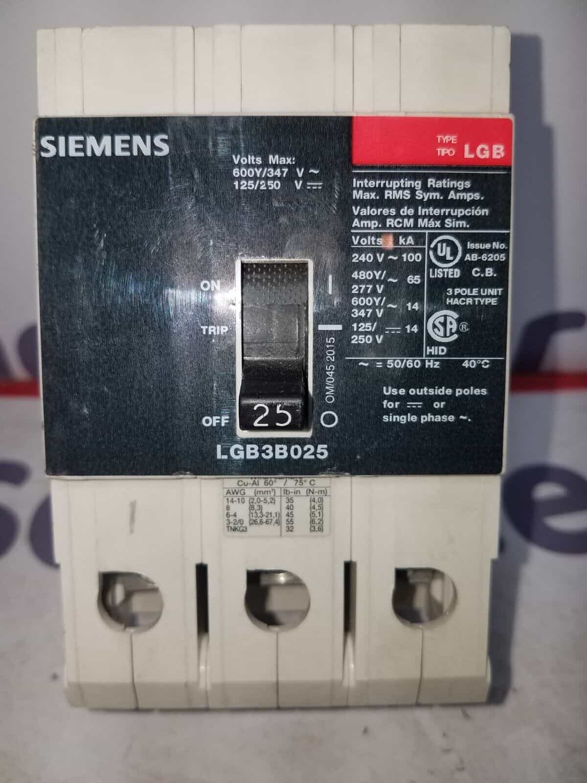 25 Amps, Siemens #LGB3B025, Circuit Breaker, 3-Pole, 600 Volts, Bolt-On - Image 2