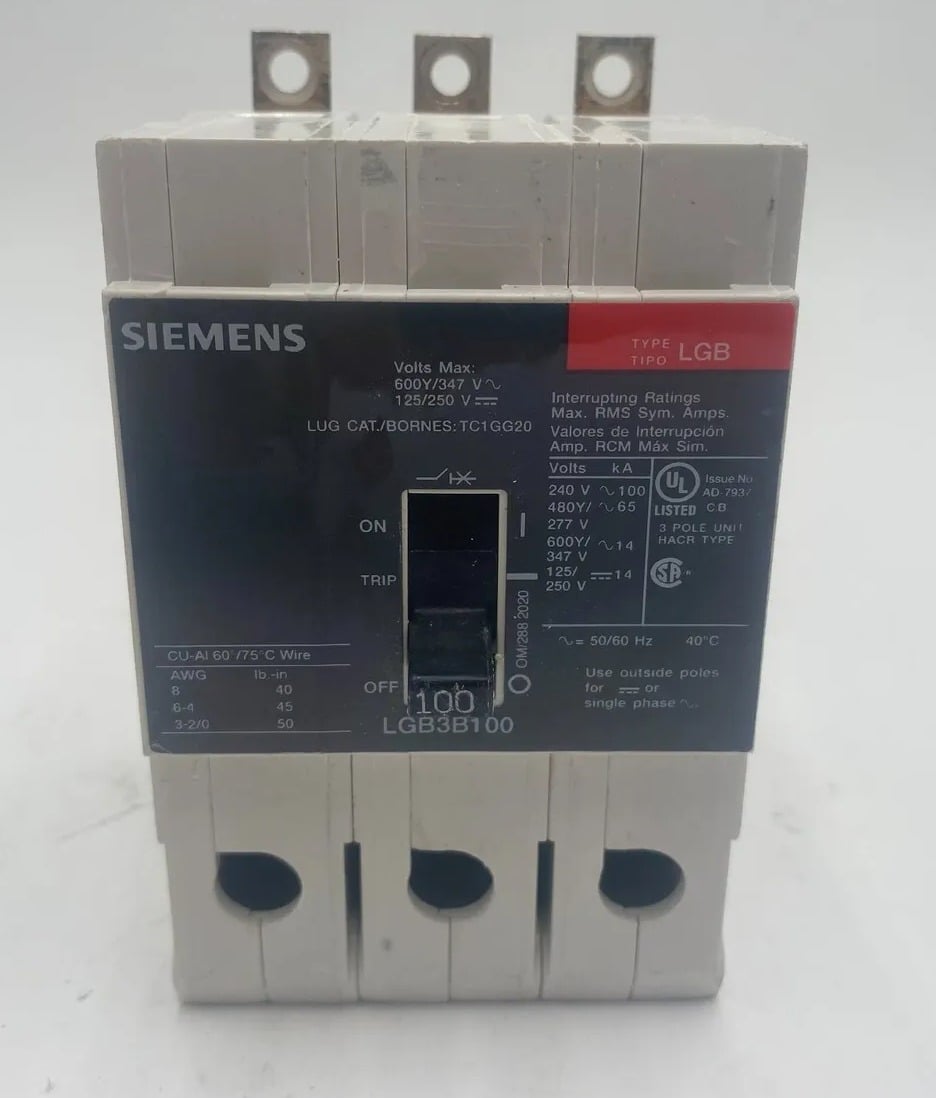 100 Amps, Siemens #LGB3B100, Circuit Breaker, 3-Pole, 277 Volts - Image 1