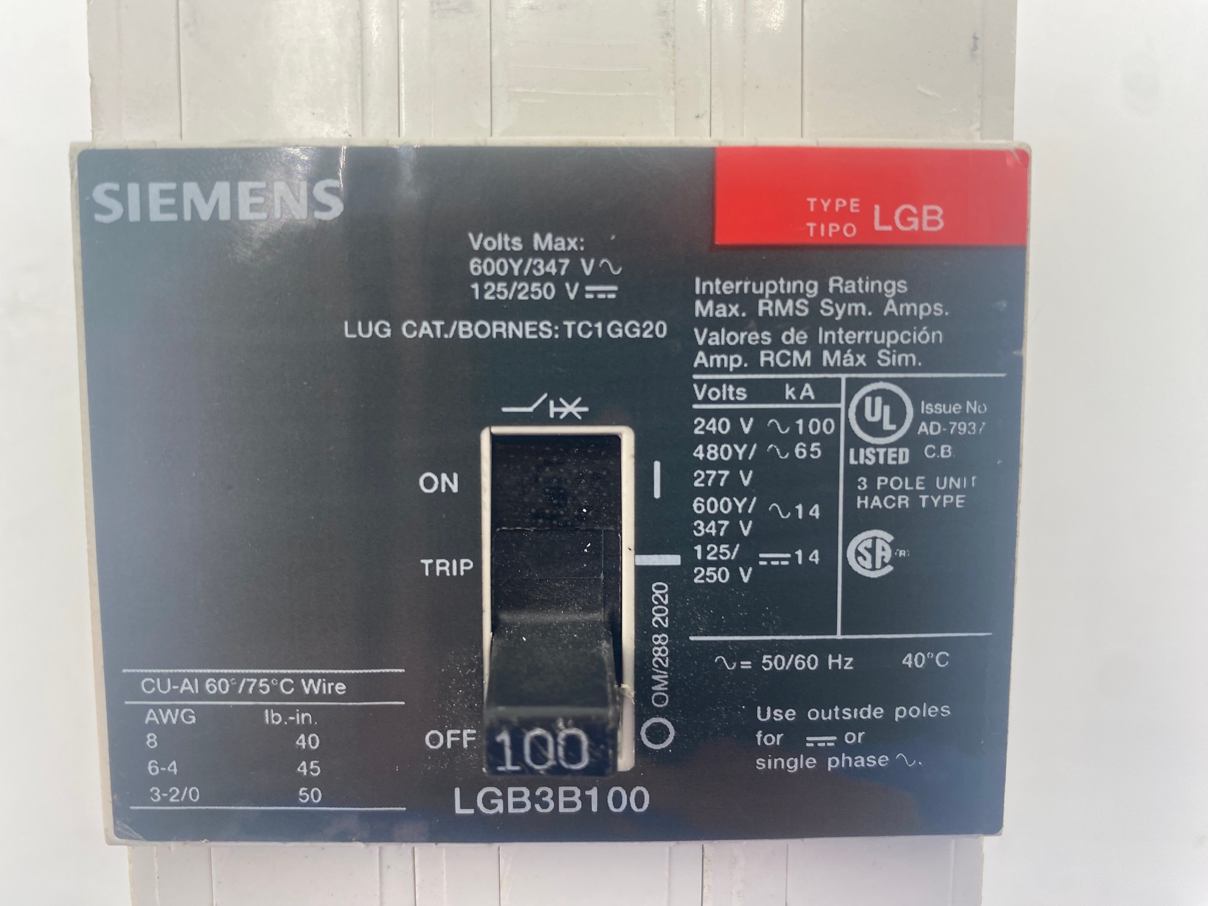 100 Amps, Siemens #LGB3B100, Circuit Breaker, 3-Pole, 277 Volts - Image 2