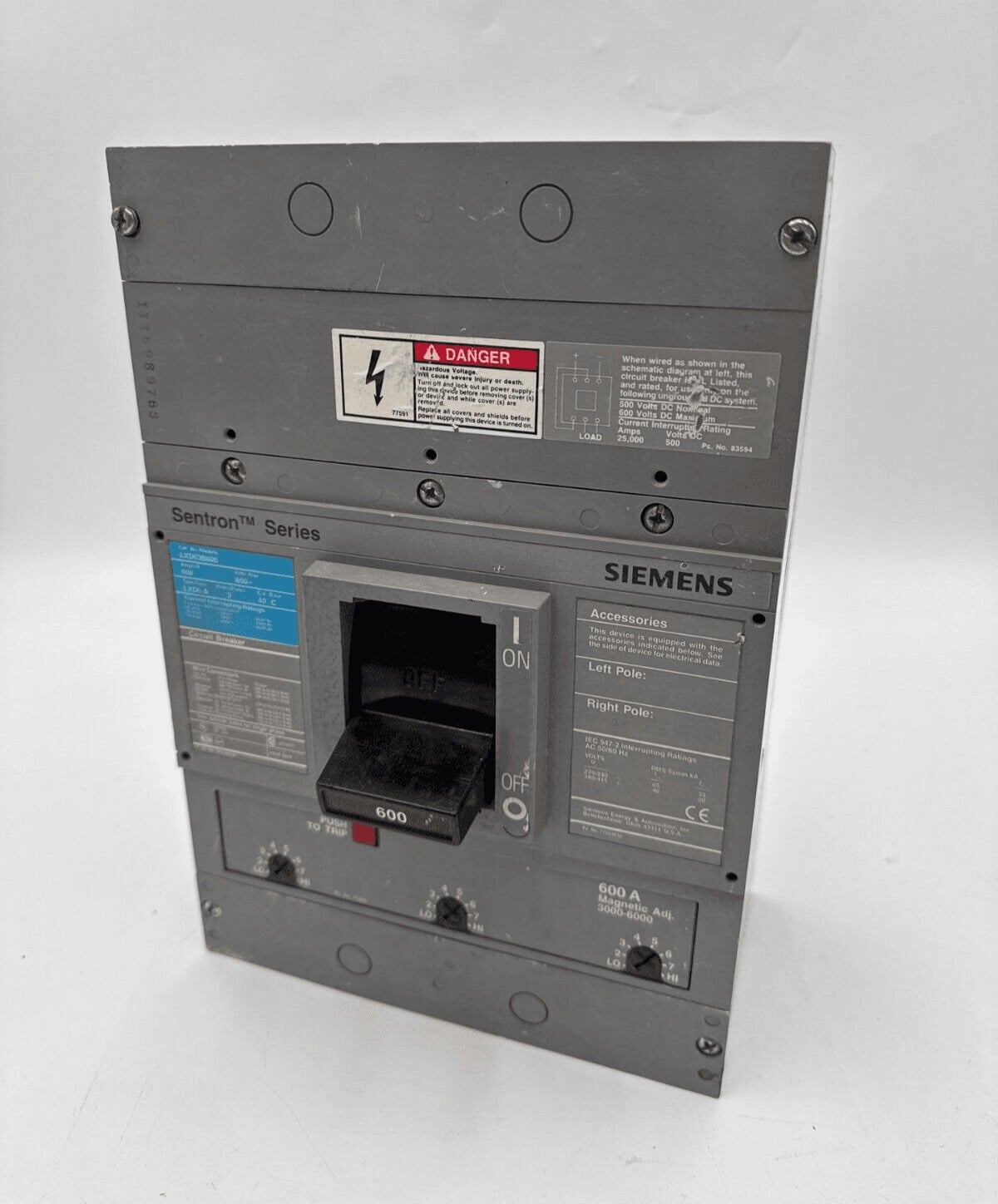 600 Amps, Siemens #LXD63B600, Circuit Breaker, 3-Pole, 600 Volts, Bolt-On - Image 1