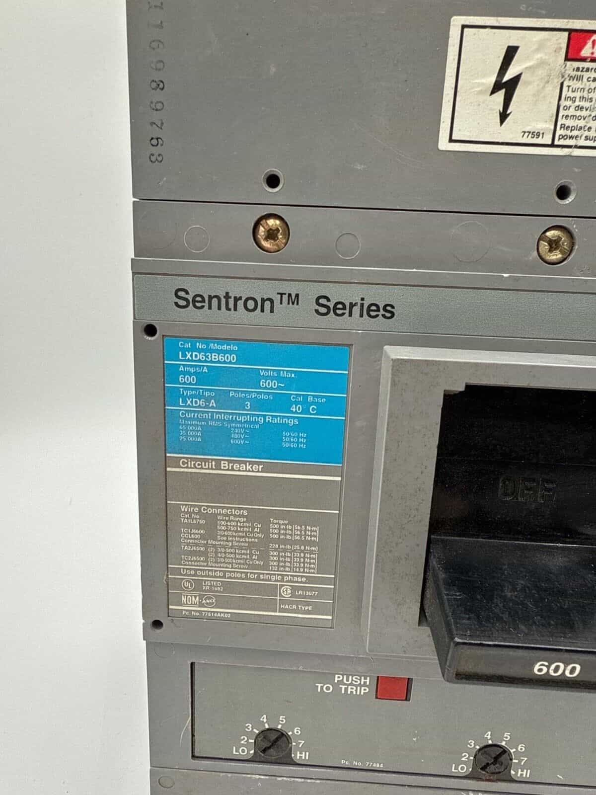 600 Amps, Siemens #LXD63B600, Circuit Breaker, 3-Pole, 600 Volts, Bolt-On - Image 2