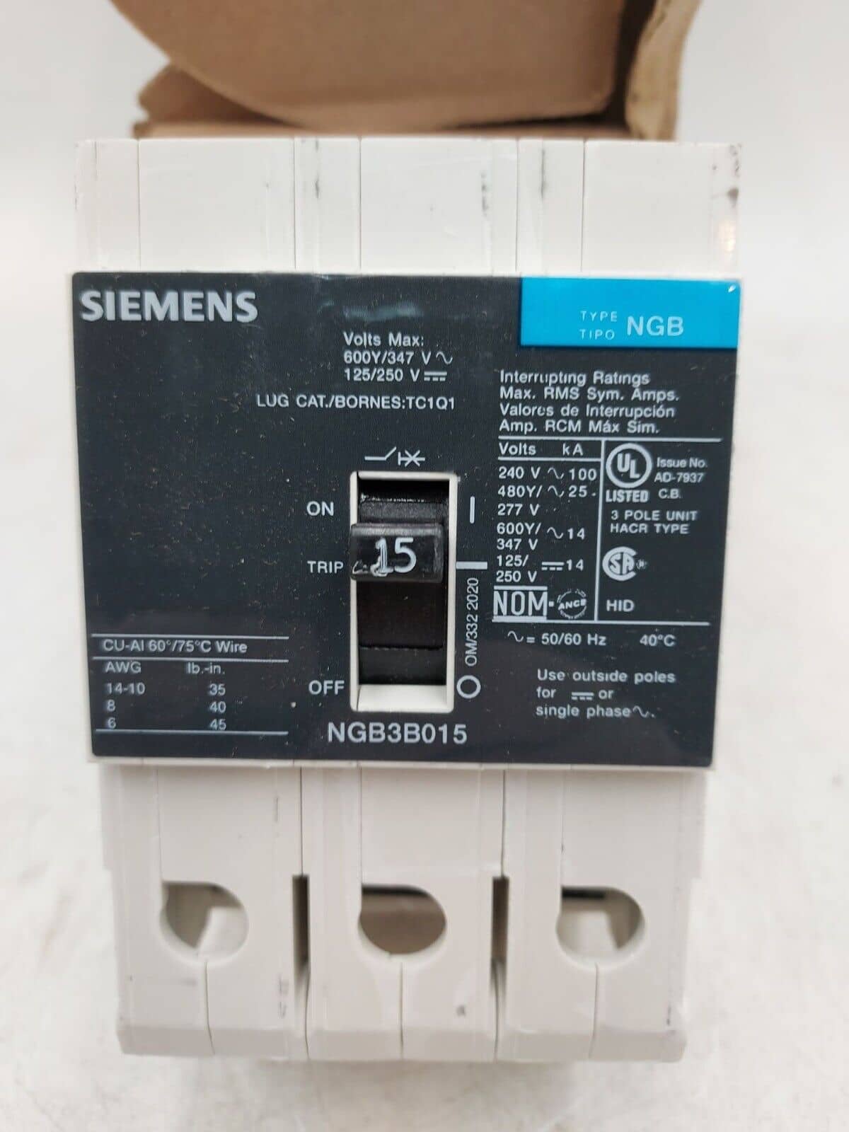 15 Amps, Siemens #NGB3B015B, Circuit Breaker, 3-Pole, 480 Volts, Bolt-On, NEW - Image 2