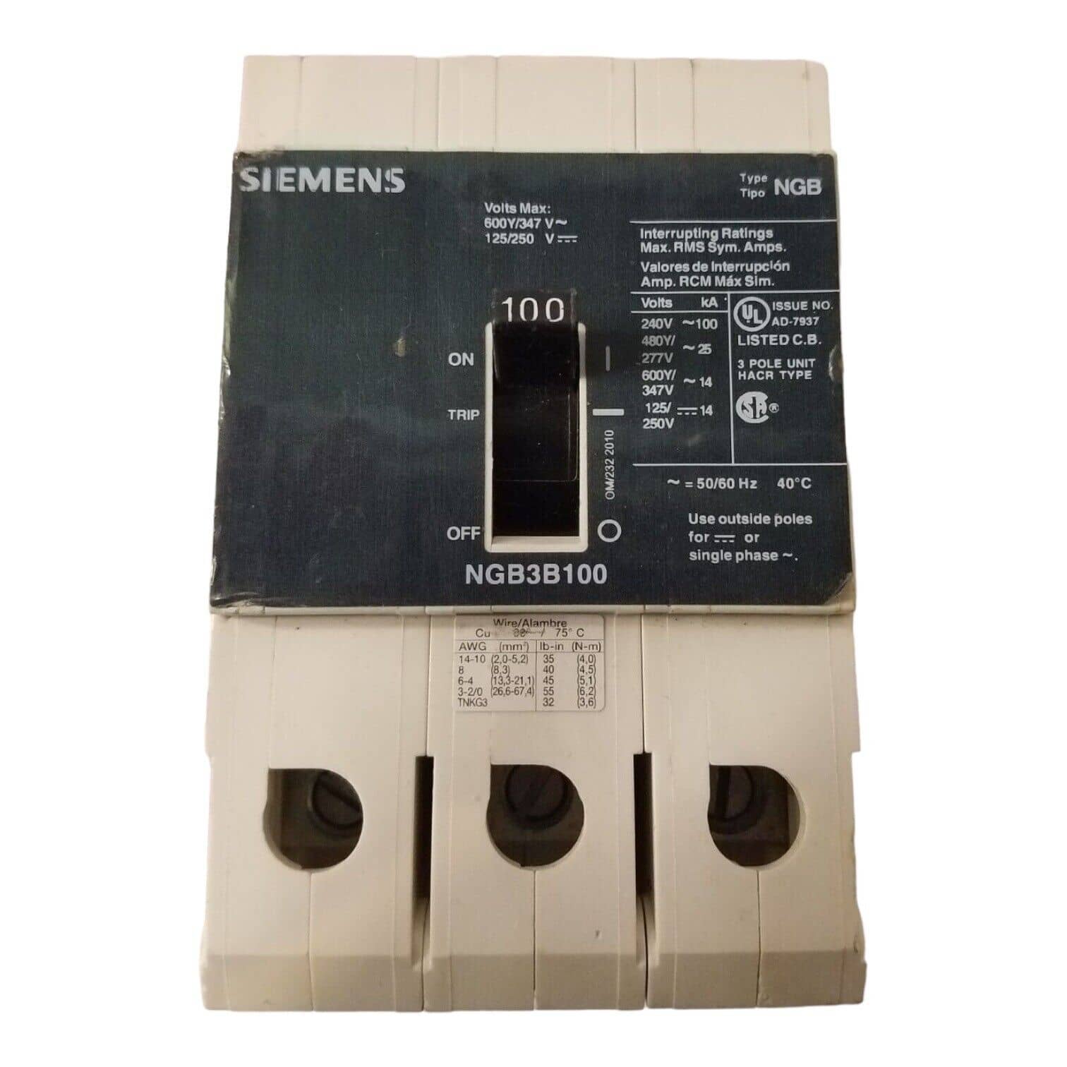 100 Amps, Siemens #NGB3B100, Circuit Breaker, 3-Pole, 600 Volts, Bolt-On - Image 1